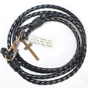 Black Braided rope leather bracelet dangling cross Unisex